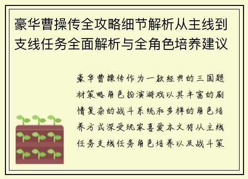 豪华曹操传全攻略细节解析从主线到支线任务全面解析与全角色培养建议